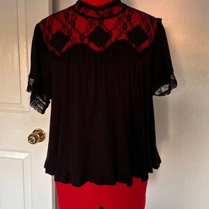 Free People Black Lace Accent Blouse